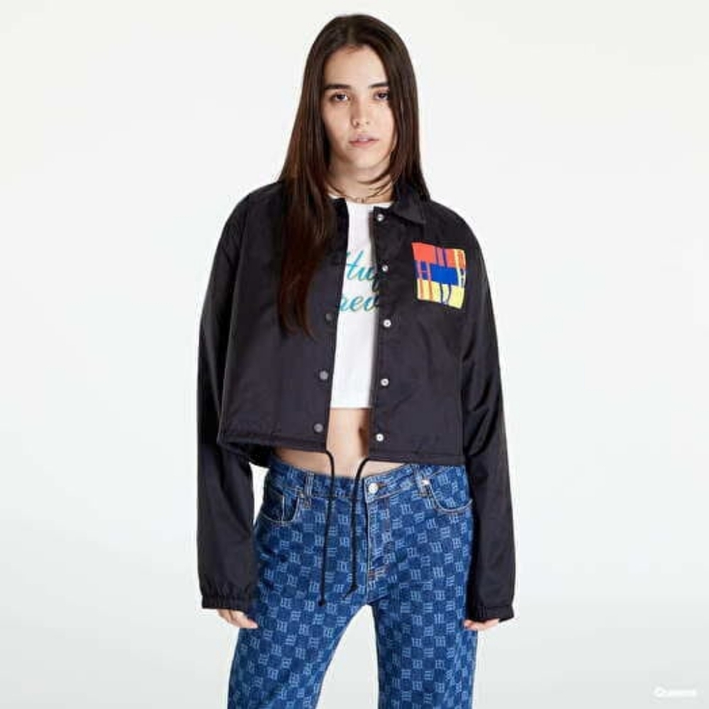 HUF Black and Red Cropped Windbreaker Bomber Jacket with Ribbed Cuffs
